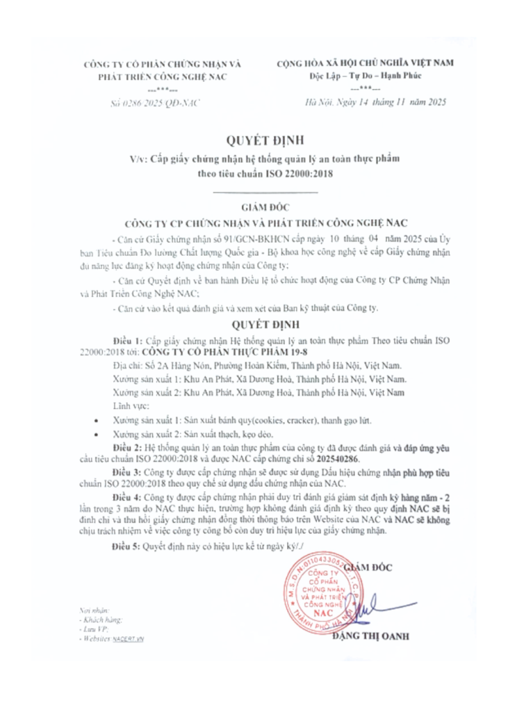 Chứng nhận an toàn thực phẩm